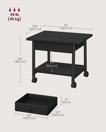 Printer Stand with Locking Wheels, 2-Tier Shelf, Ebony Black and Black