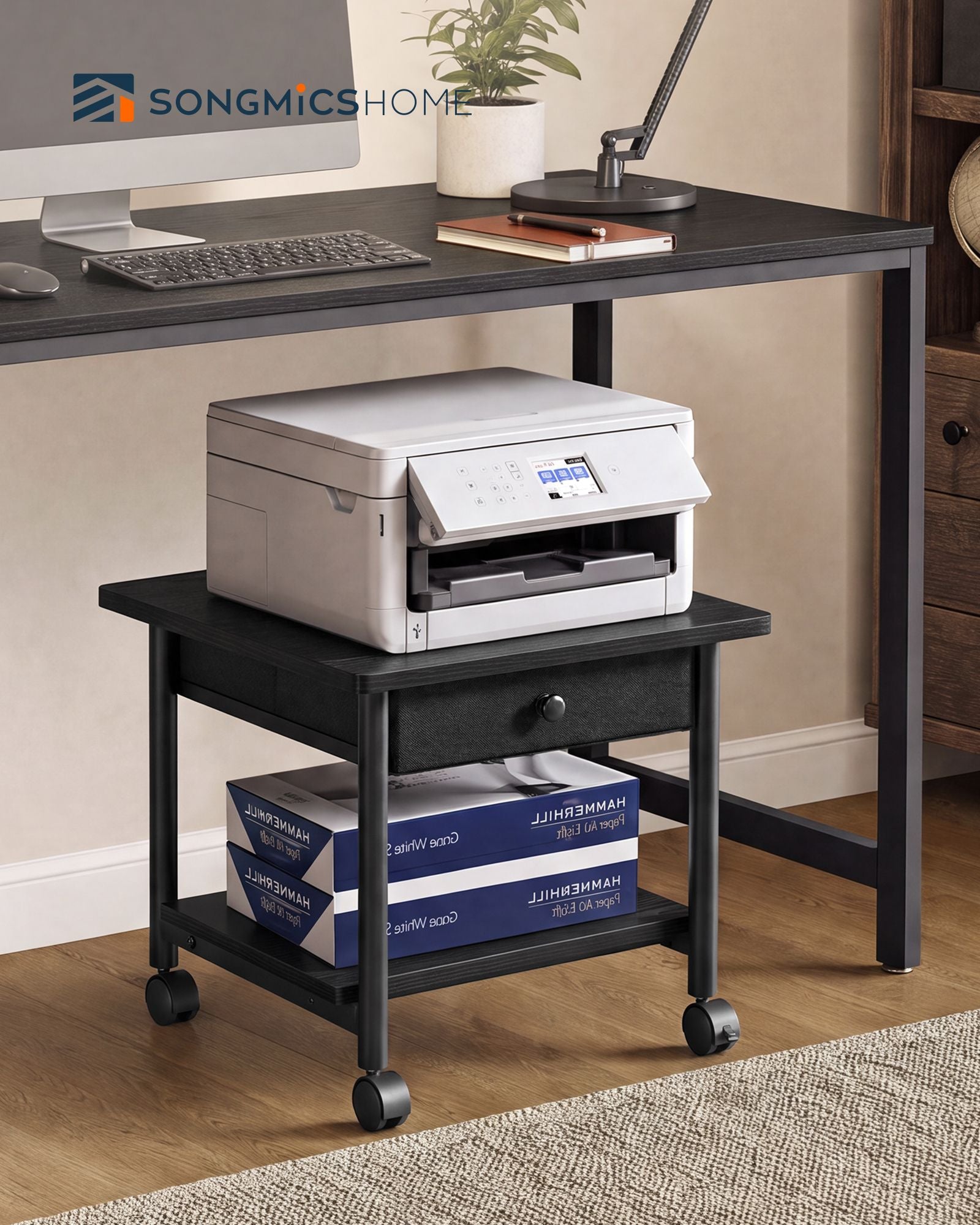 2-Tier Printer Stand, Locking Wheels, Drawer, Printer Table, Storage Shelf, 19.3 x 16.1 x 15.8 inches - image 2