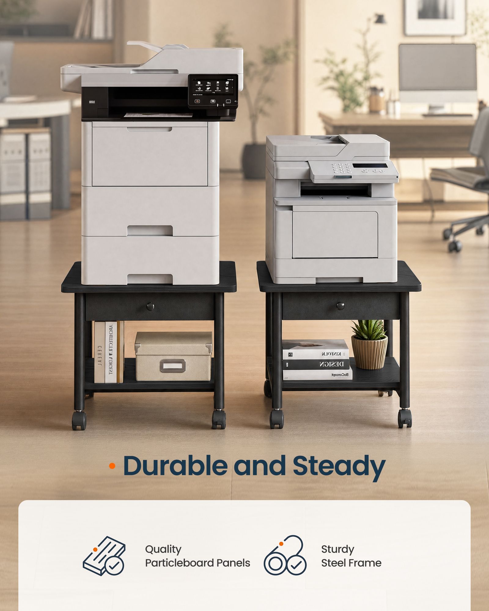 2-Tier Printer Stand, Locking Wheels, Drawer, Printer Table, Storage Shelf, 19.3 x 16.1 x 15.8 inches - image 3