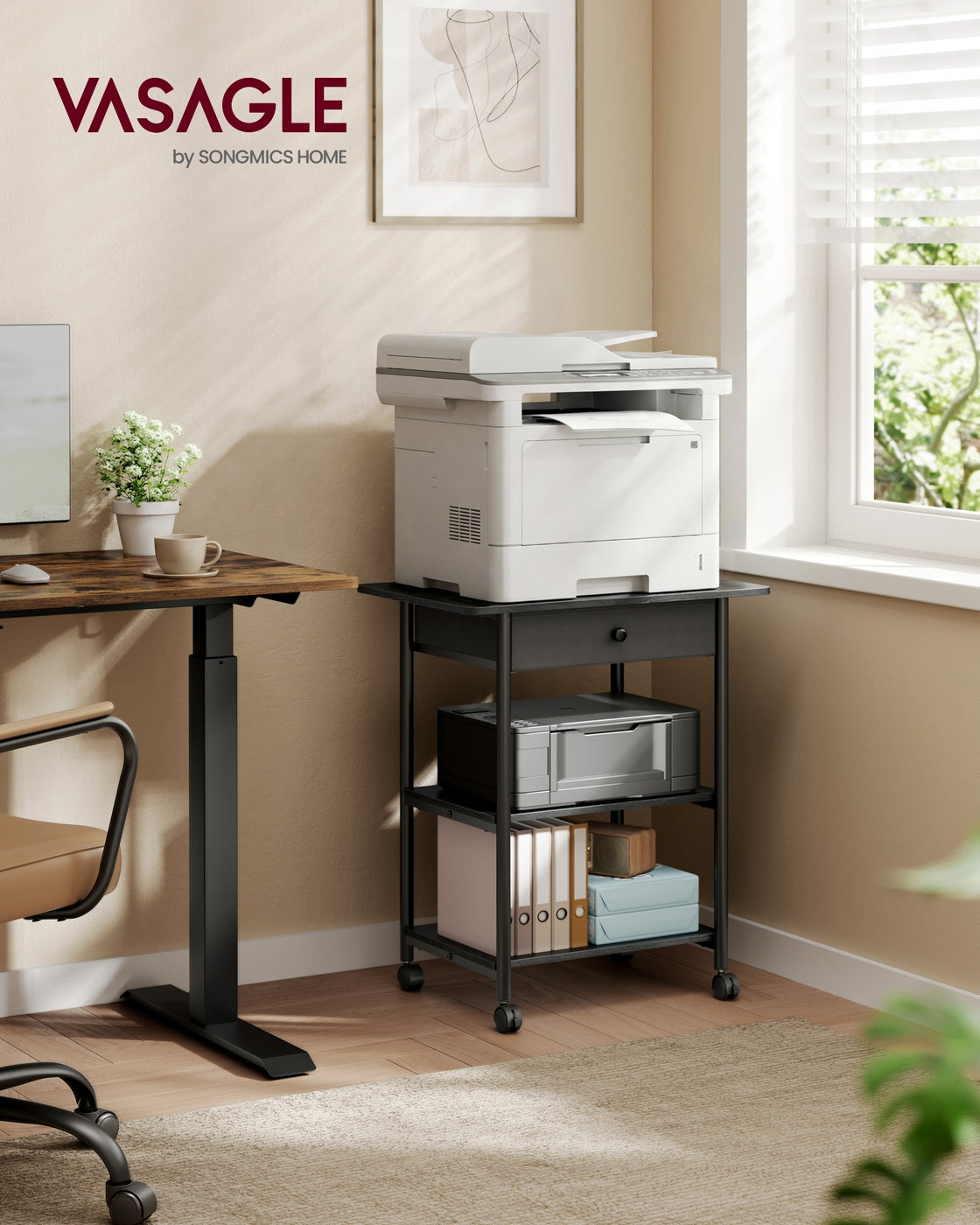 Printer Stand Rolling Printer Cart 2 Storage Shelves Removable Drawer 3-Tier Ebony Black - image 2