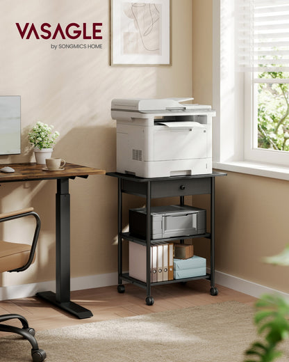 Printer Stand Rolling Printer Cart 2 Storage Shelves Removable Drawer 3-Tier Ebony Black - image 2