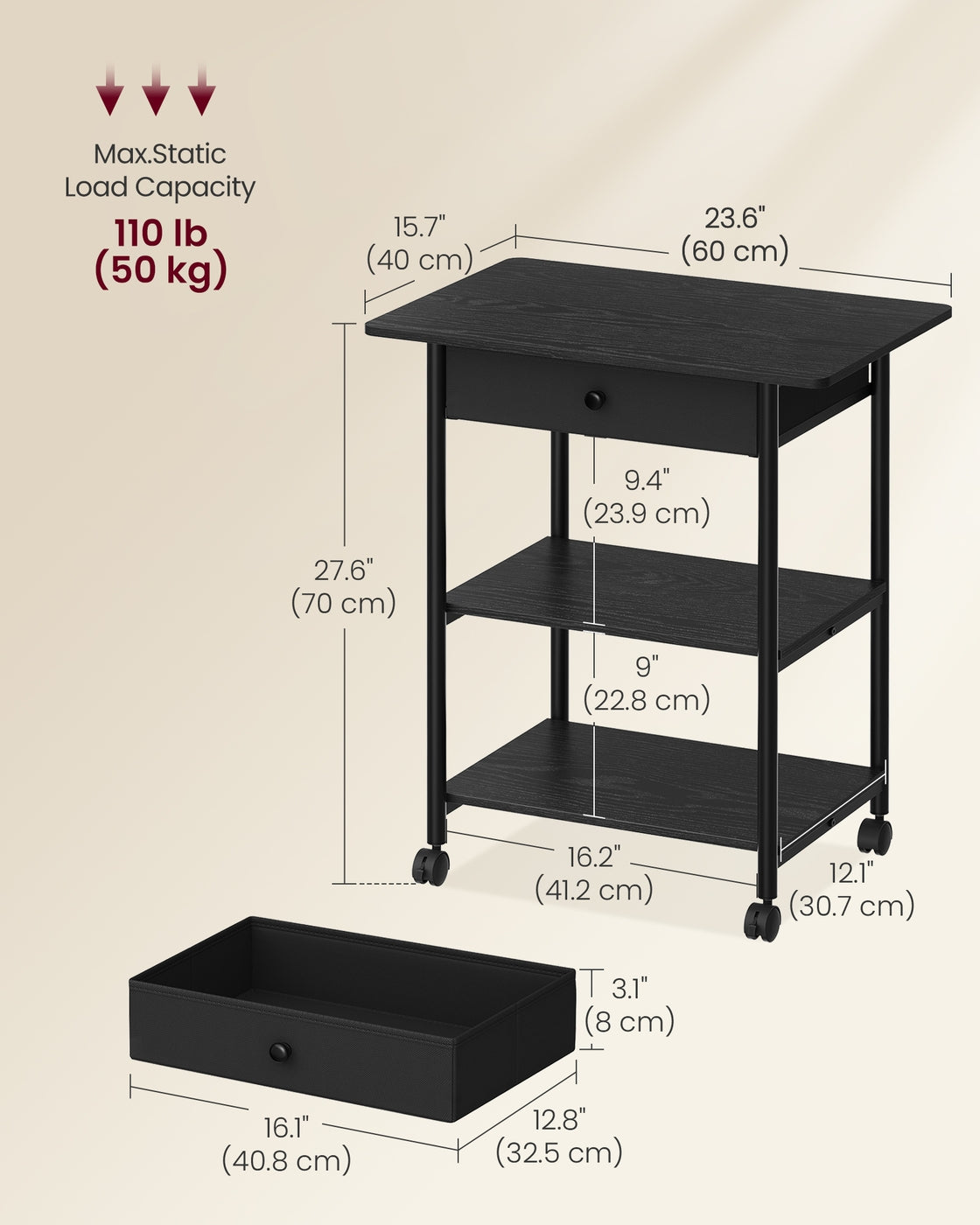 Printer Stand Rolling Printer Cart 2 Storage Shelves Removable Drawer 3-Tier Ebony Black - image 5