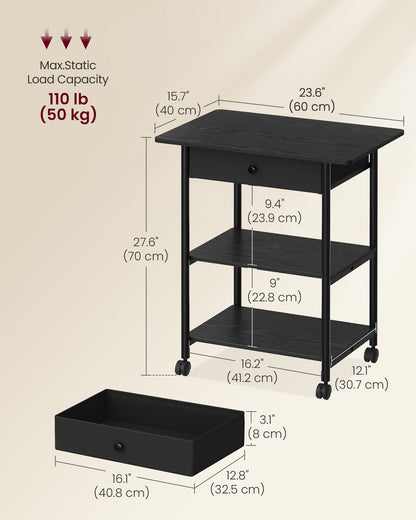 Printer Stand Rolling Printer Cart 2 Storage Shelves Removable Drawer 3-Tier Ebony Black - image 5