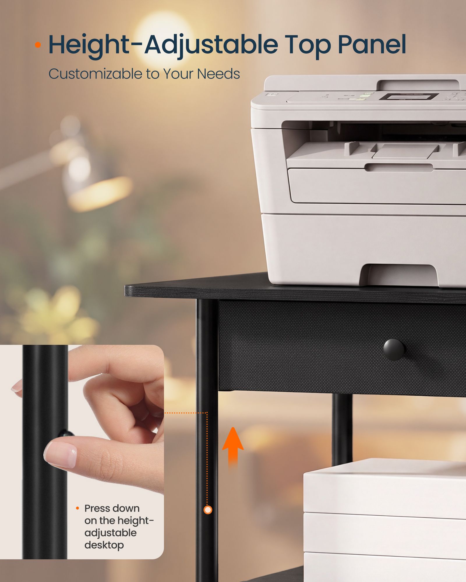 3-Tier Printer Stand, Locking Wheels, Drawer, Printer Table, 2 Storage Shelves, 23.8 x 15.9 x 27.8 inches - image 2