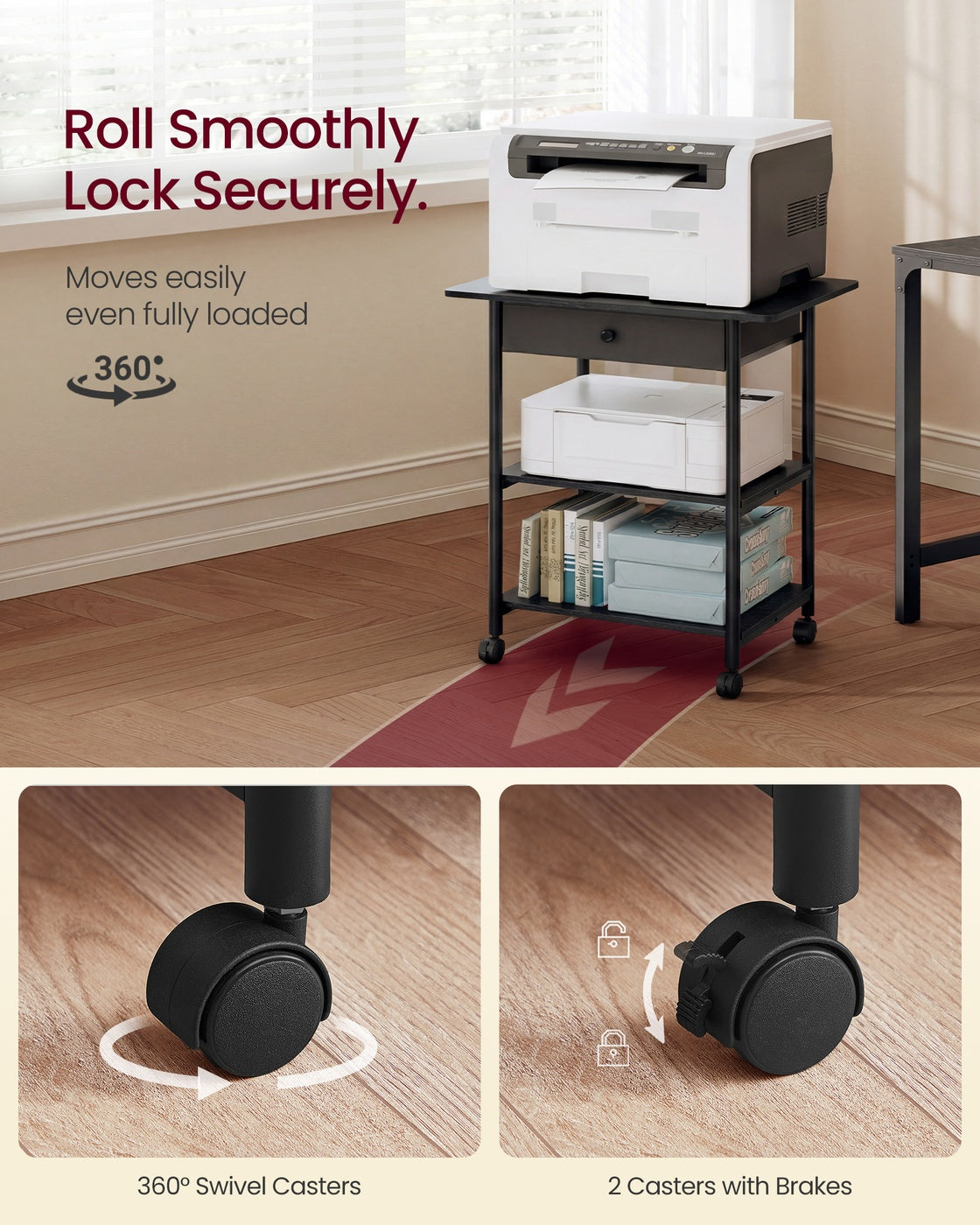 Printer Stand Rolling Printer Cart 2 Storage Shelves Removable Drawer 3-Tier Ebony Black - image 4