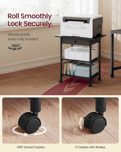 Printer Stand Rolling Printer Cart 2 Storage Shelves Removable Drawer 3-Tier Ebony Black - image 4