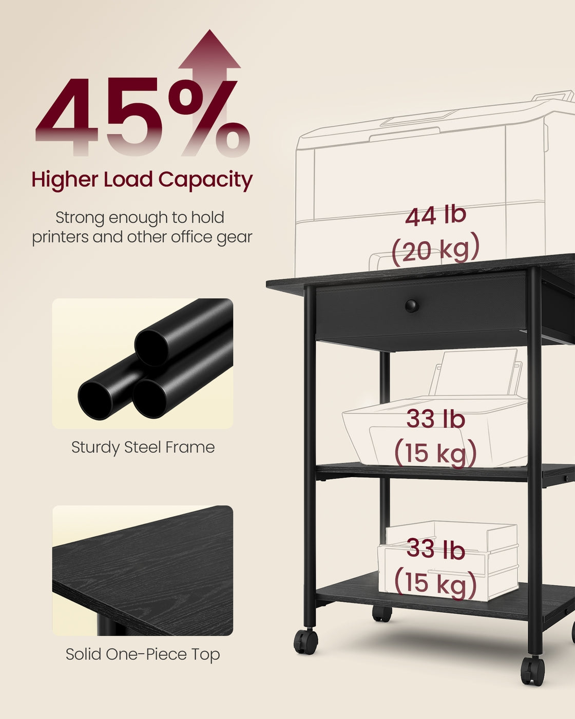 Printer Stand Rolling Printer Cart 2 Storage Shelves Removable Drawer 3-Tier Ebony Black - image 6