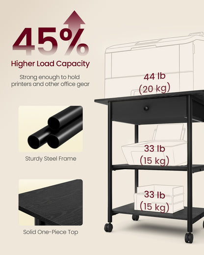 Printer Stand Rolling Printer Cart 2 Storage Shelves Removable Drawer 3-Tier Ebony Black - image 6