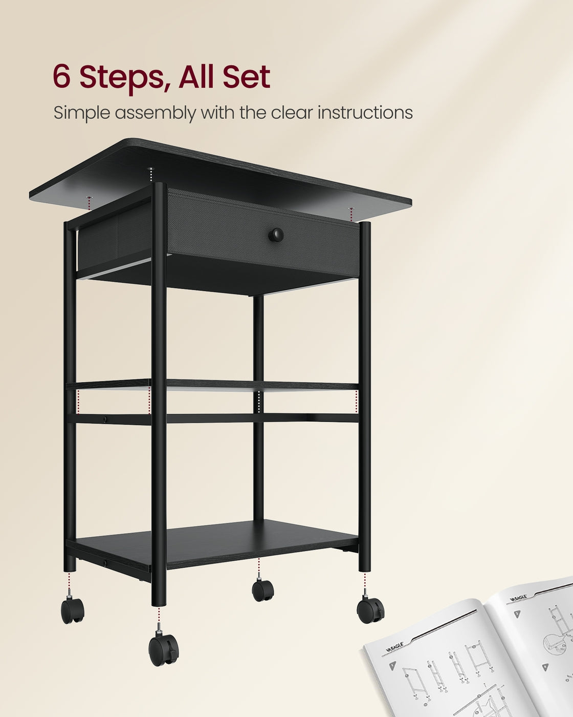 Printer Stand Rolling Printer Cart 2 Storage Shelves Removable Drawer 3-Tier Ebony Black - image 7
