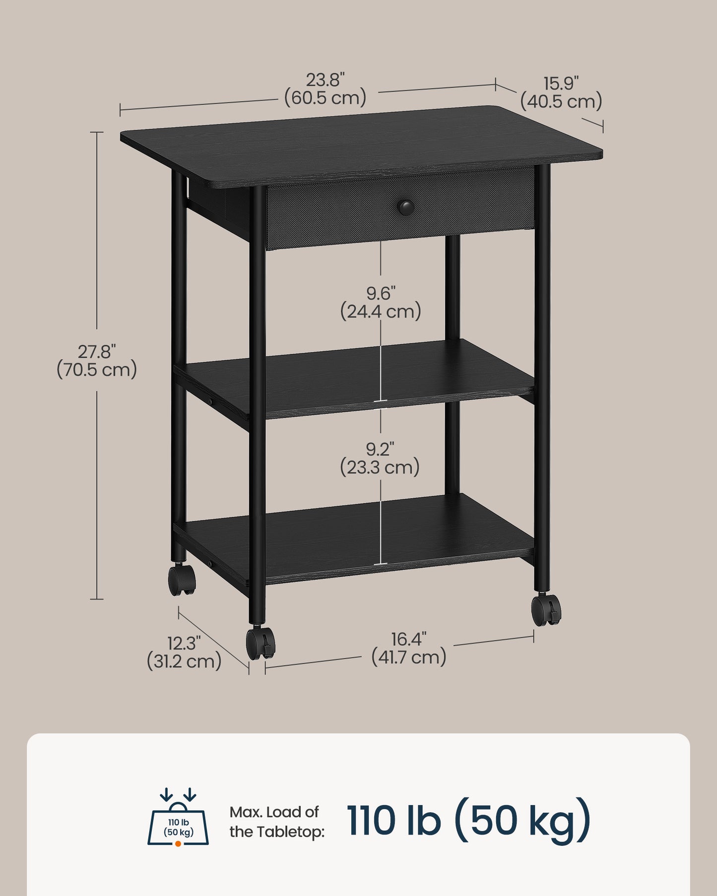3-Tier Printer Stand, Locking Wheels, Drawer, Printer Table, 2 Storage Shelves, 23.8 x 15.9 x 27.8 inches - image 3