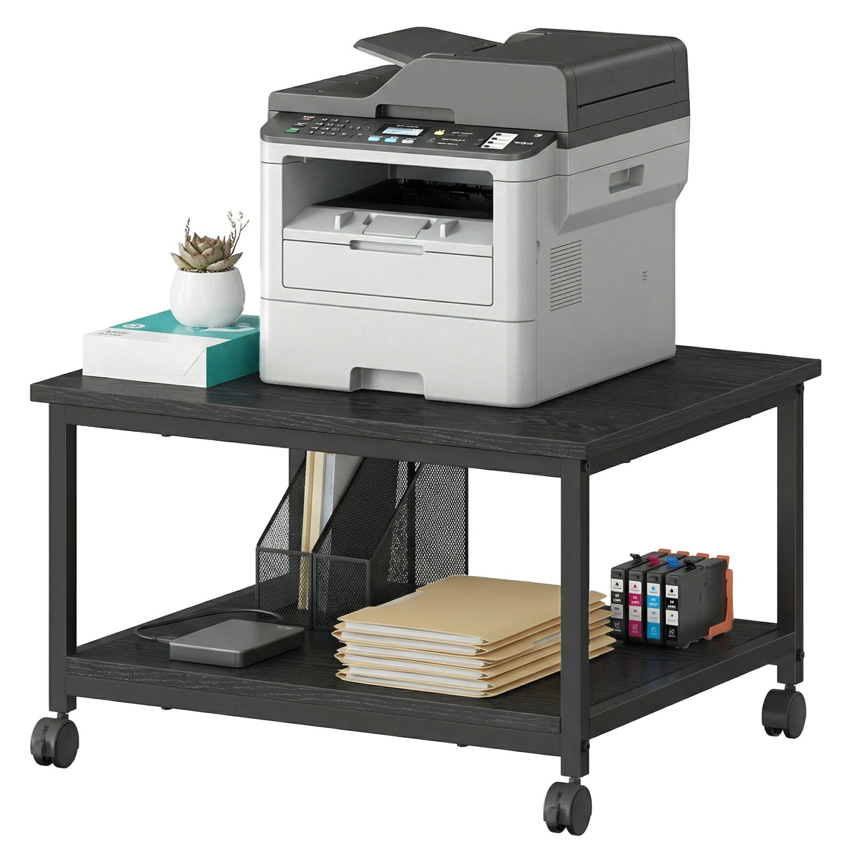 2-Tier Printer Stand with Locking Wheels, Printer Table, 23.8 x 19.9 x 13.7 inches, Ebony Black - image 1