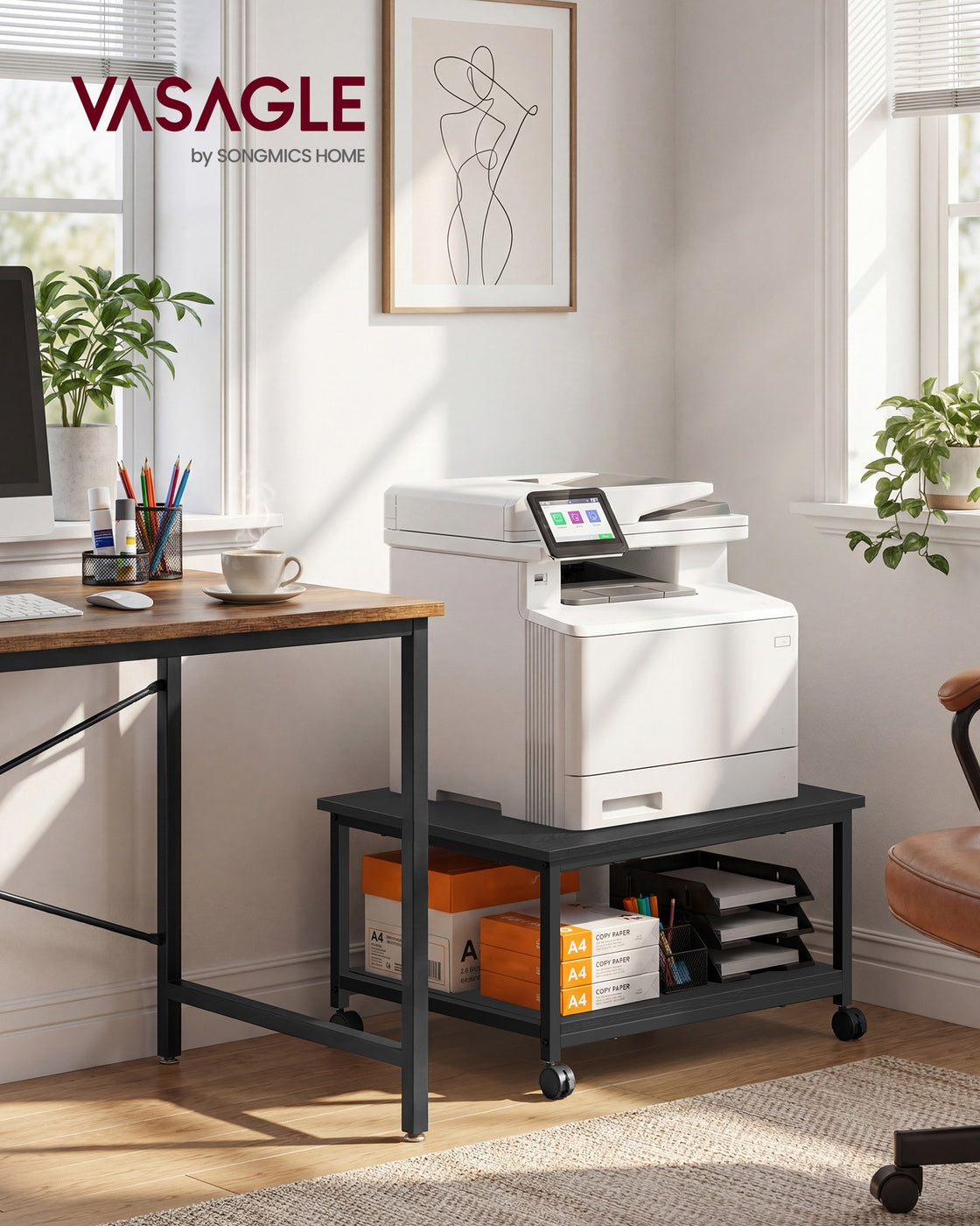 Printer Stand Rolling Printer Cart 2 Storage Shelves Removable Drawer 3-Tier Ebony Black - image 16