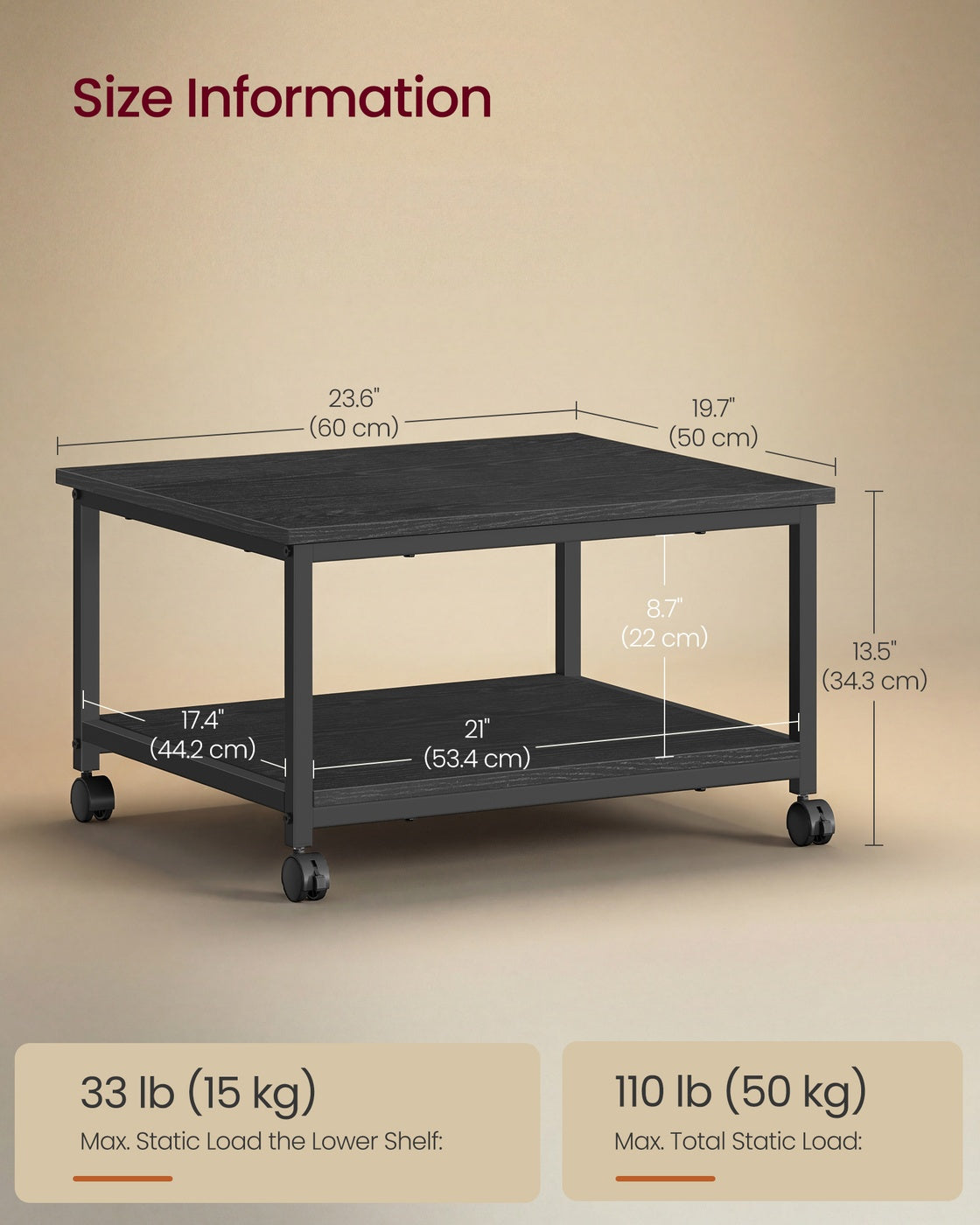 Printer Stand Rolling Printer Cart 2 Storage Shelves Removable Drawer 3-Tier Ebony Black - image 17