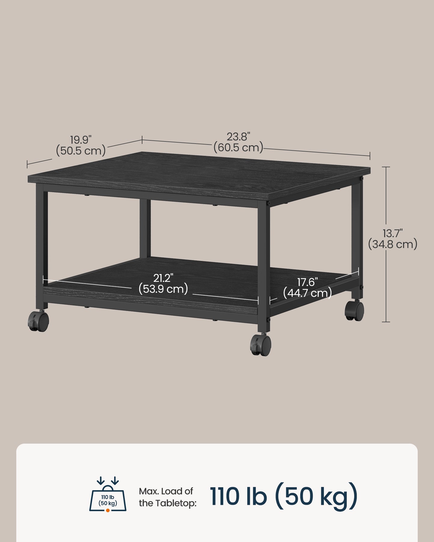 2-Tier Printer Stand with Locking Wheels, Printer Table, 23.8 x 19.9 x 13.7 inches, Ebony Black - image 2