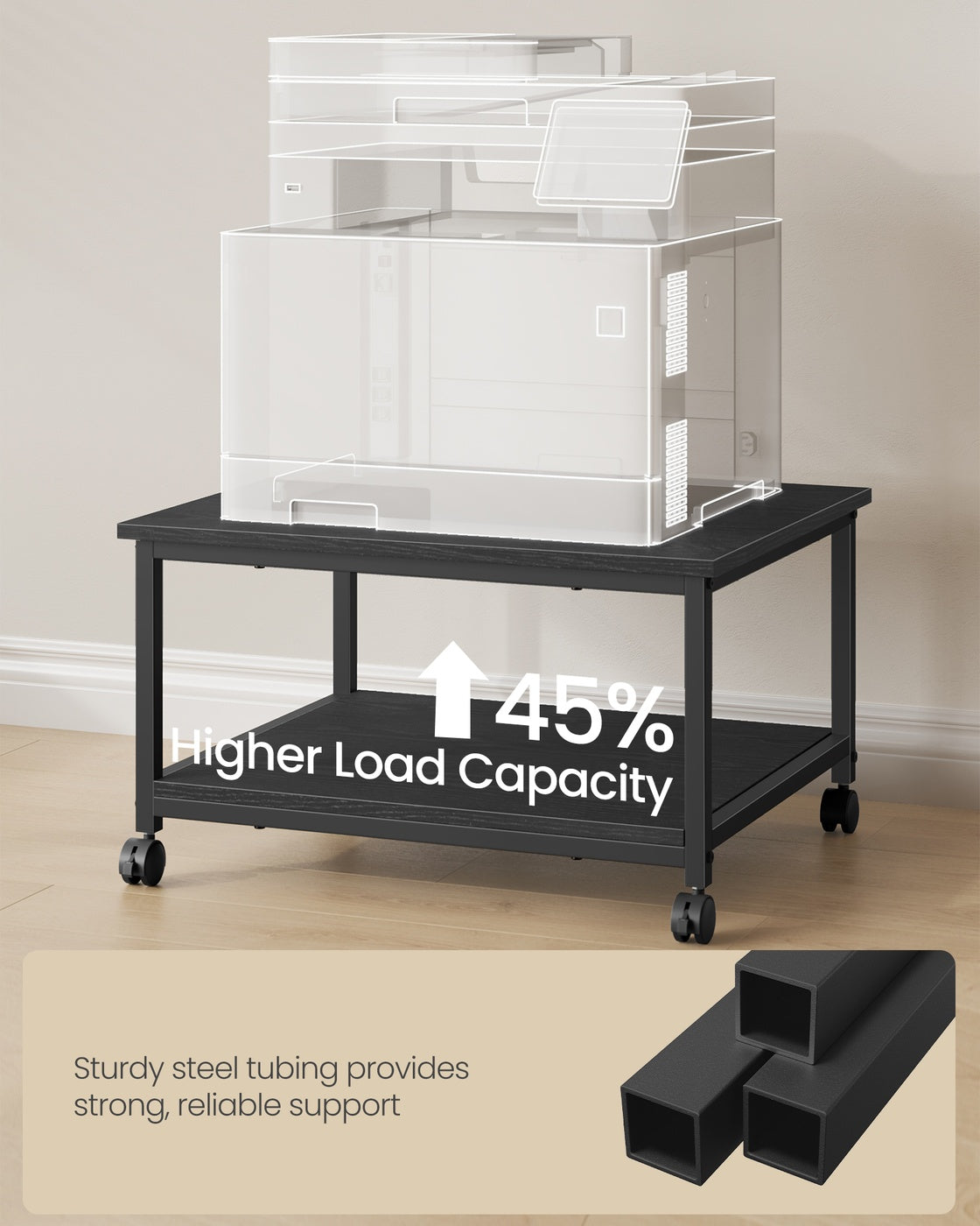 Printer Stand Rolling Printer Cart 2 Storage Shelves Removable Drawer 3-Tier Ebony Black - image 19