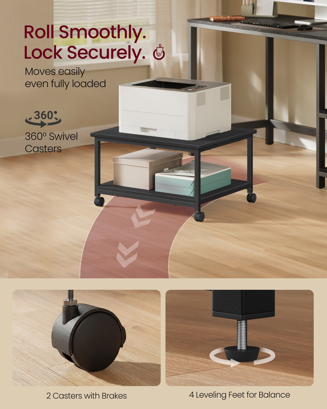 Printer Stand Rolling Printer Cart 2 Storage Shelves Removable Drawer 3-Tier Ebony Black - image 20