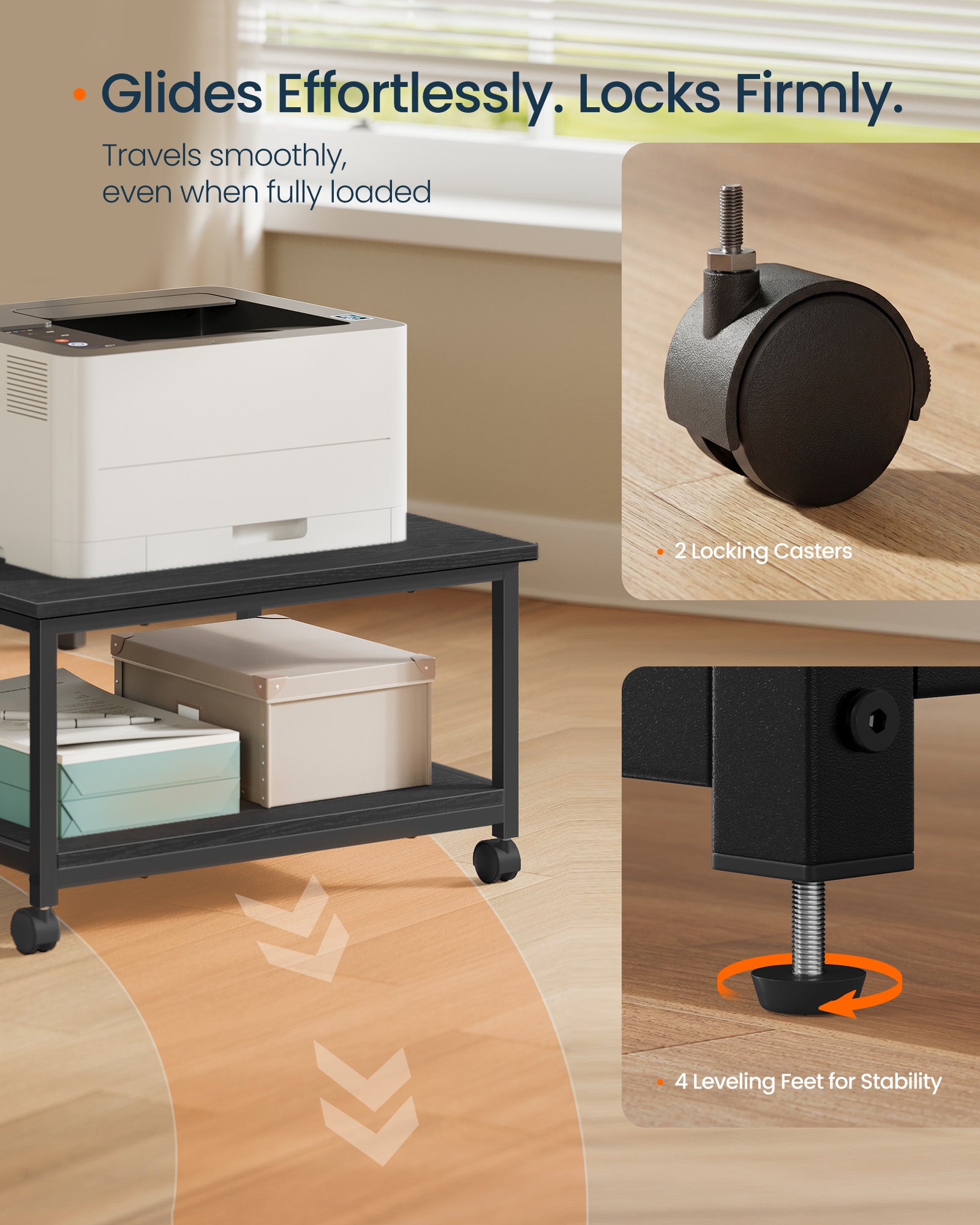 2-Tier Printer Stand with Locking Wheels, Printer Table, 23.8 x 19.9 x 13.7 inches, Ebony Black - image 3