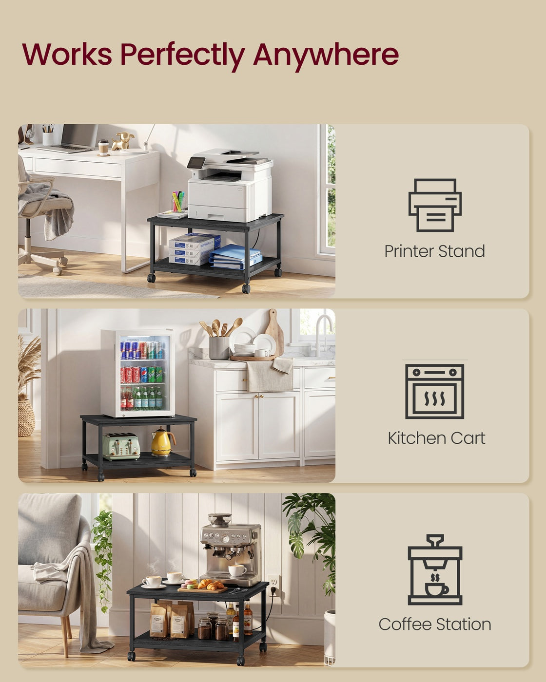 Printer Stand Rolling Printer Cart 2 Storage Shelves Removable Drawer 3-Tier Ebony Black - image 21
