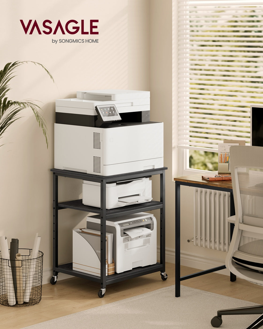 Printer Stand Rolling Printer Cart 2 Storage Shelves Removable Drawer 3-Tier Ebony Black - image 23