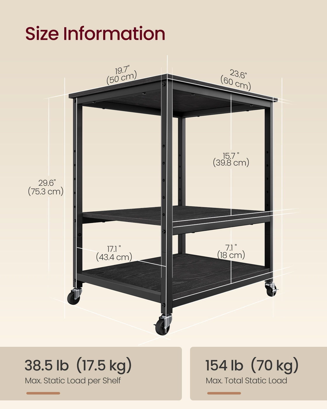 Printer Stand Rolling Printer Cart 2 Storage Shelves Removable Drawer 3-Tier Ebony Black - image 24