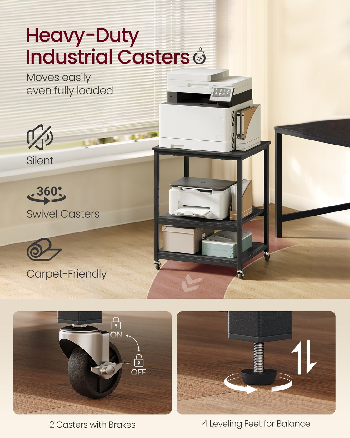 Printer Stand Rolling Printer Cart 2 Storage Shelves Removable Drawer 3-Tier Ebony Black - image 26