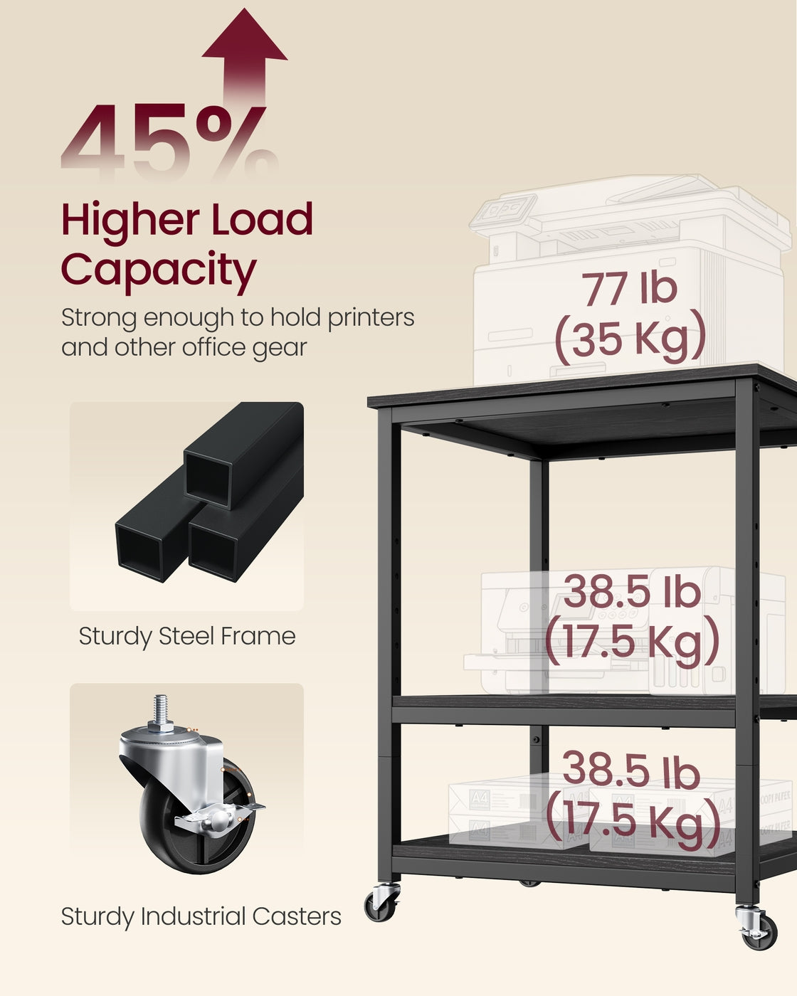 Printer Stand Rolling Printer Cart 2 Storage Shelves Removable Drawer 3-Tier Ebony Black - image 27