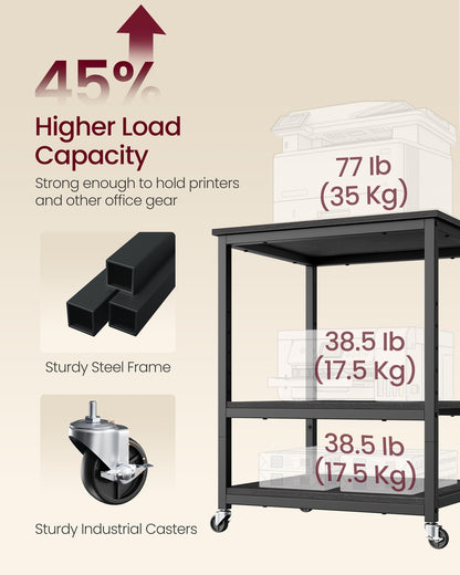 Printer Stand Rolling Printer Cart 2 Storage Shelves Removable Drawer 3-Tier Ebony Black - image 27