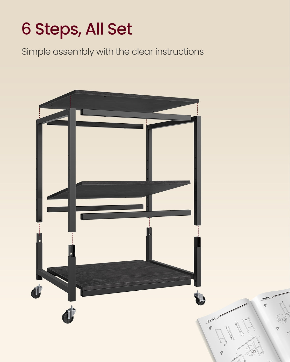 Printer Stand Rolling Printer Cart 2 Storage Shelves Removable Drawer 3-Tier Ebony Black - image 28