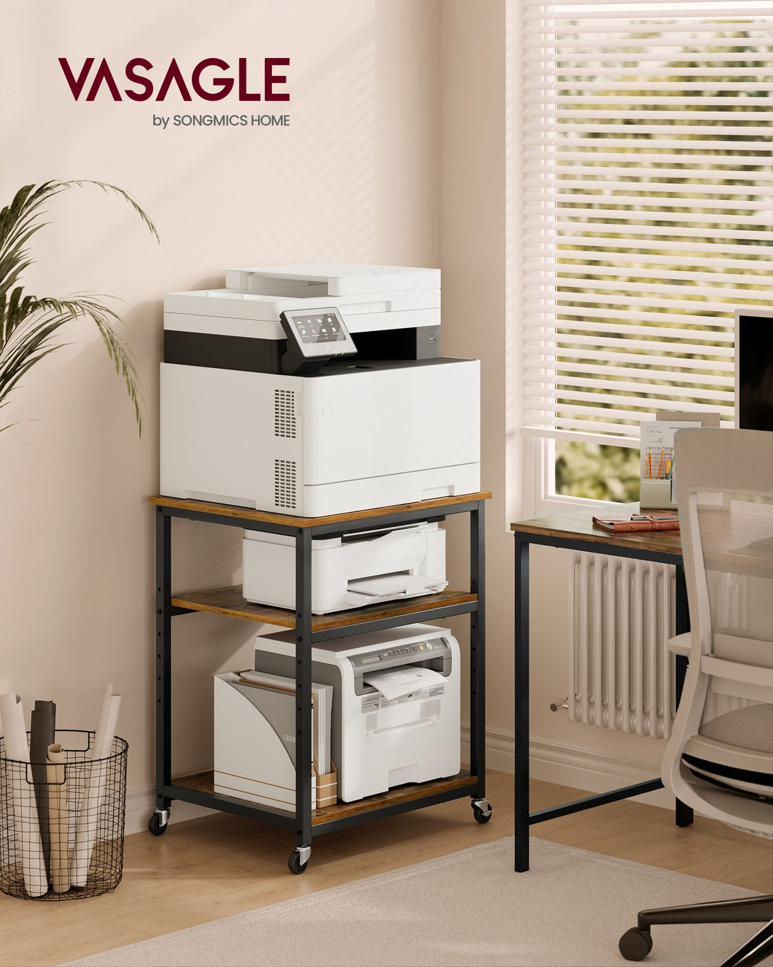 Printer Stand Rolling Printer Cart 2 Storage Shelves Removable Drawer 3-Tier Ebony Black - image 9