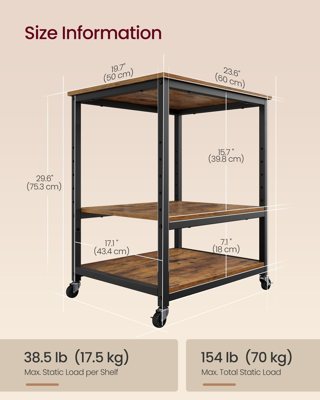Printer Stand Rolling Printer Cart 2 Storage Shelves Removable Drawer 3-Tier Ebony Black - image 12