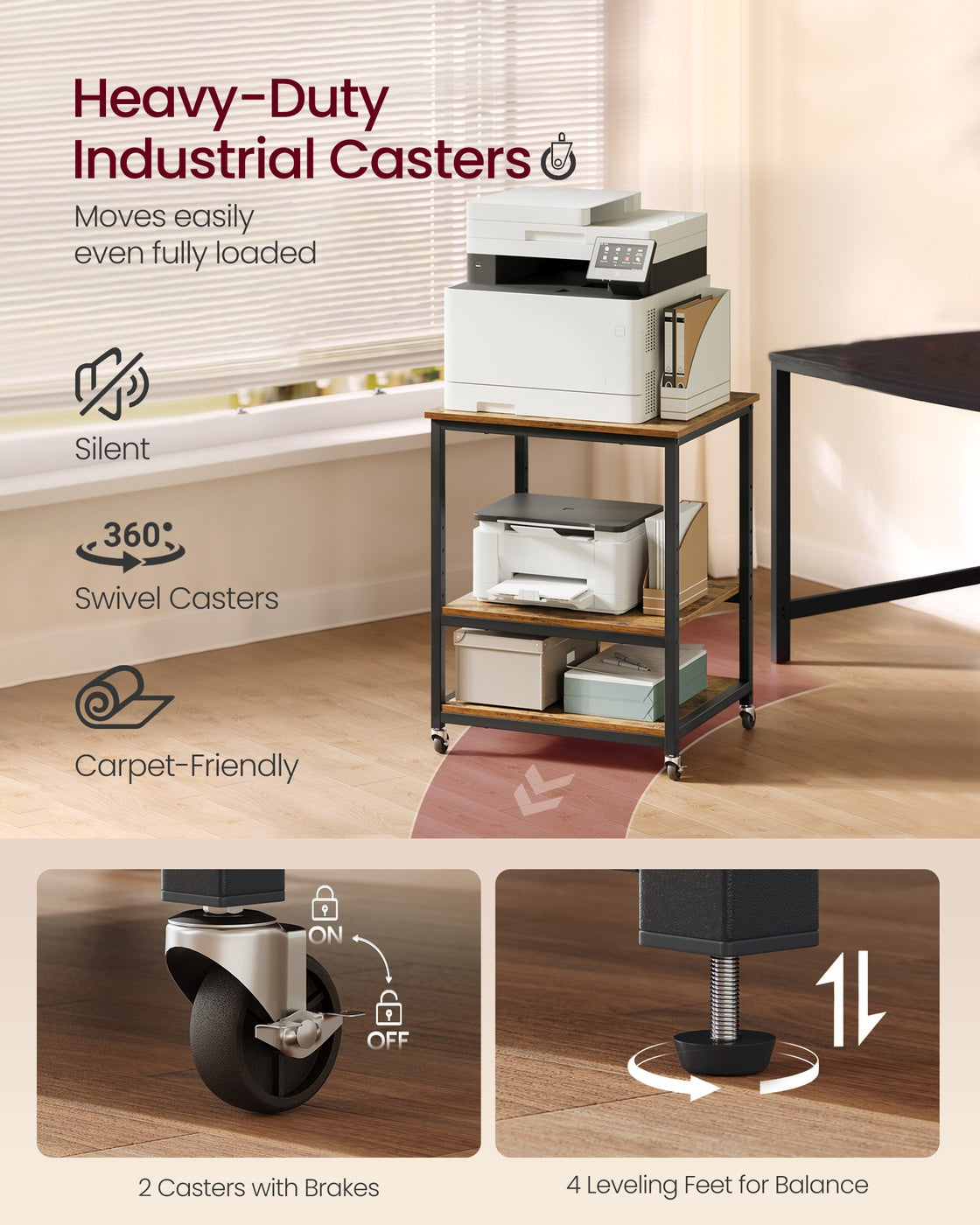 Printer Stand Rolling Printer Cart 2 Storage Shelves Removable Drawer 3-Tier Ebony Black - image 11