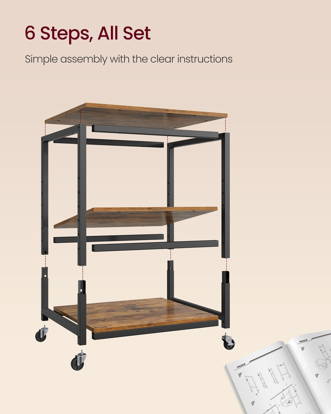 Printer Stand Rolling Printer Cart 2 Storage Shelves Removable Drawer 3-Tier Ebony Black - image 14