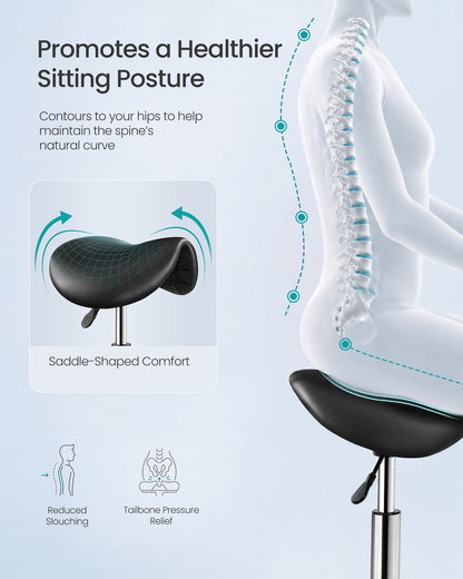 Ergonomic Saddle Stool with Wheels, Height Adjustable Salon Stool