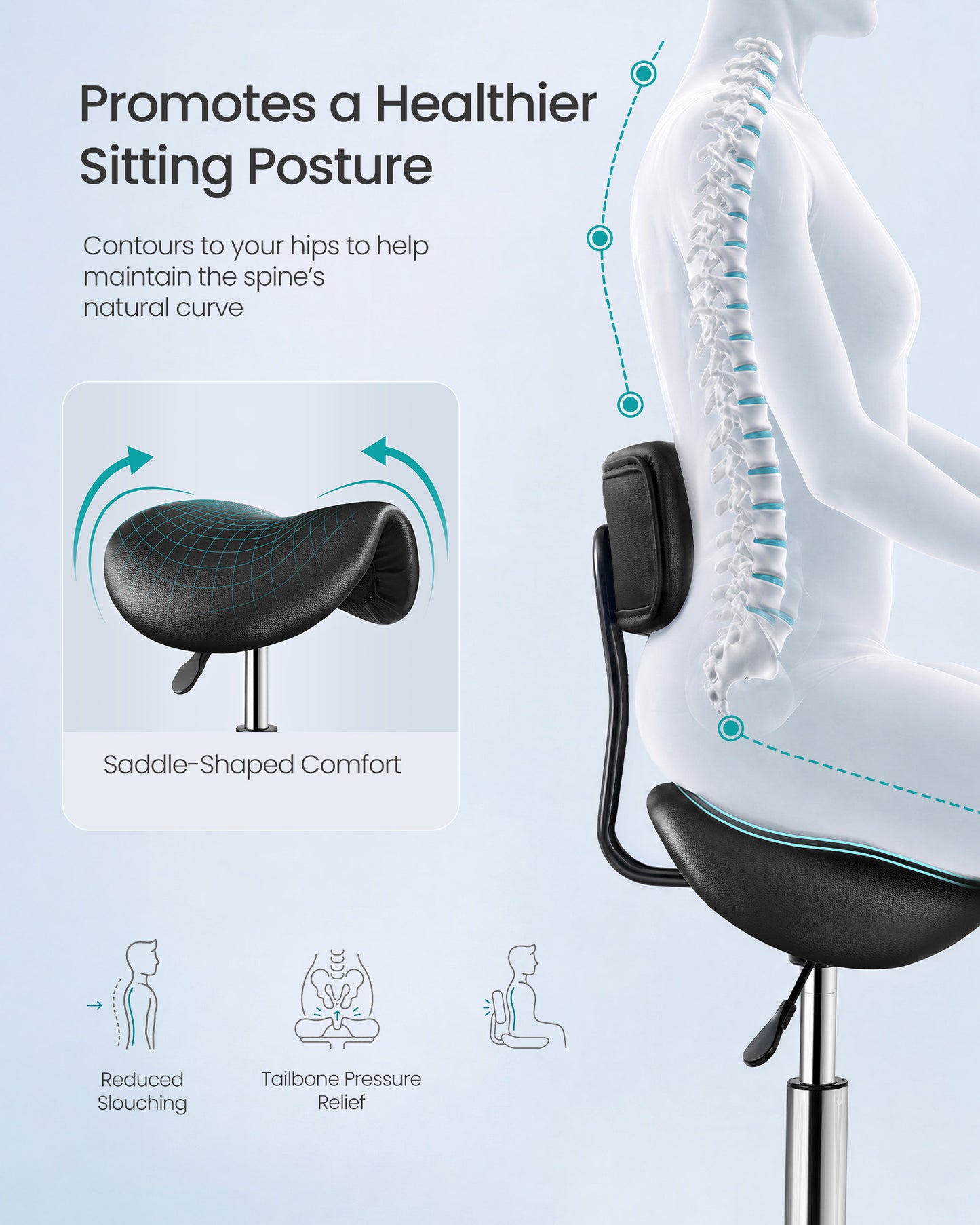 Ergonomic Saddle Stool with Wheels, Height Adjustable Salon Stool - image 7
