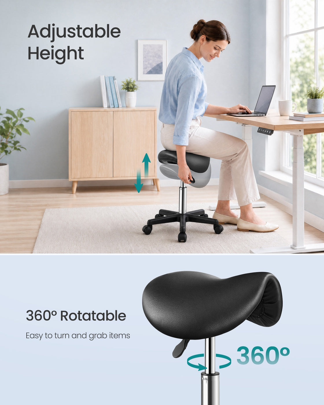 Ergonomic Saddle Stool with Wheels, Height Adjustable Salon Stool