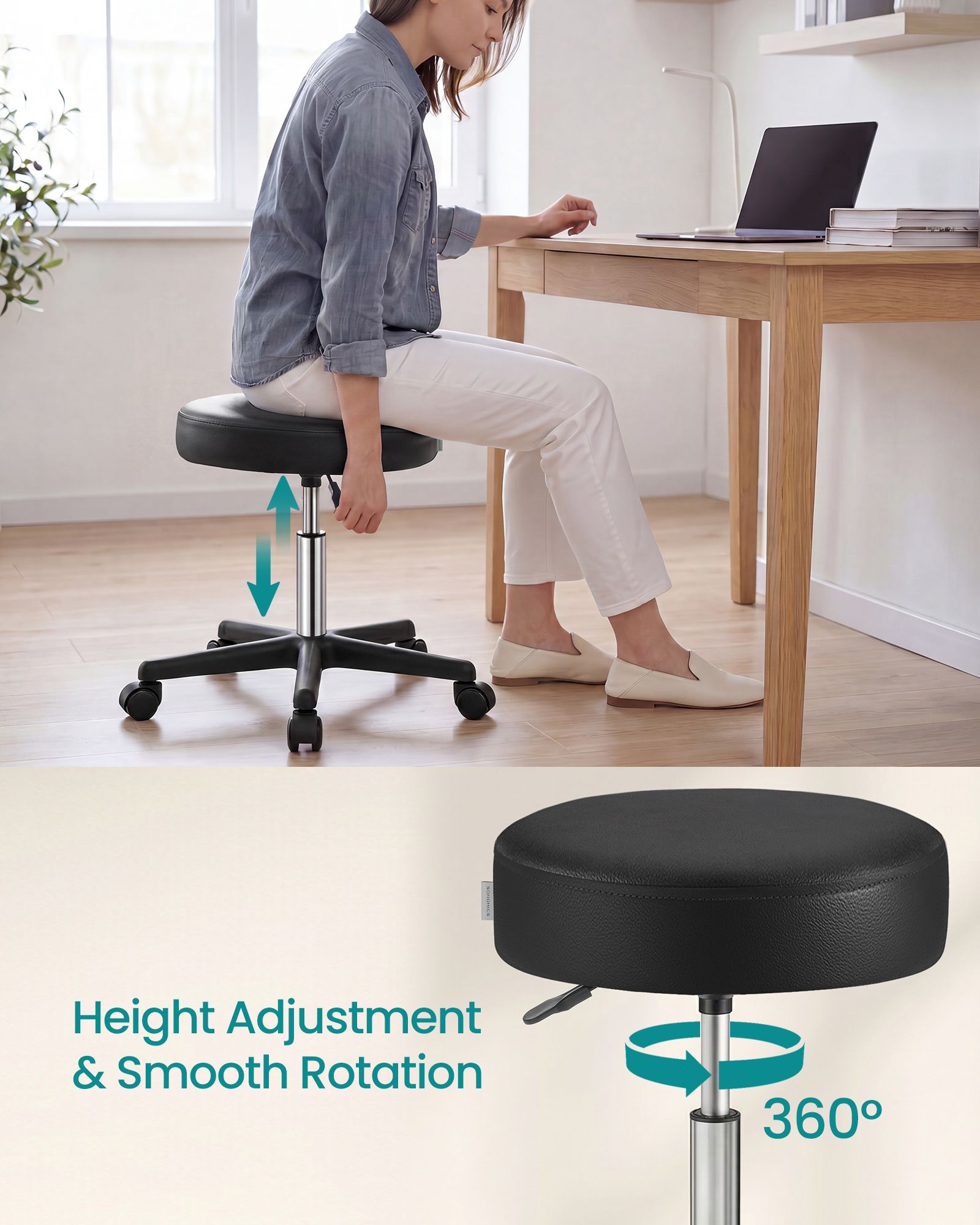 Rolling Stool, Adjustable Swivel Stools Chair, PU Leather - image 5