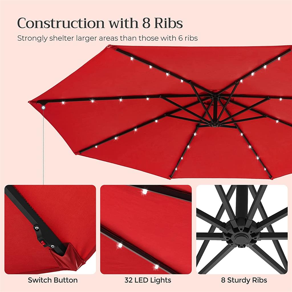 10 ft Solar Cantilever Patio Umbrella with Cross Base, Red - image 5