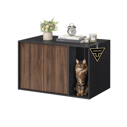 Superfast Toolless Assembly-Cat Litter Box Enclosure for Large Cats - Ebony Black + Somber Walnut