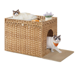 Cat Litter Box Enclosure, Handwoven Rattan Hidden Litter Box Furniture, Goose Yellow