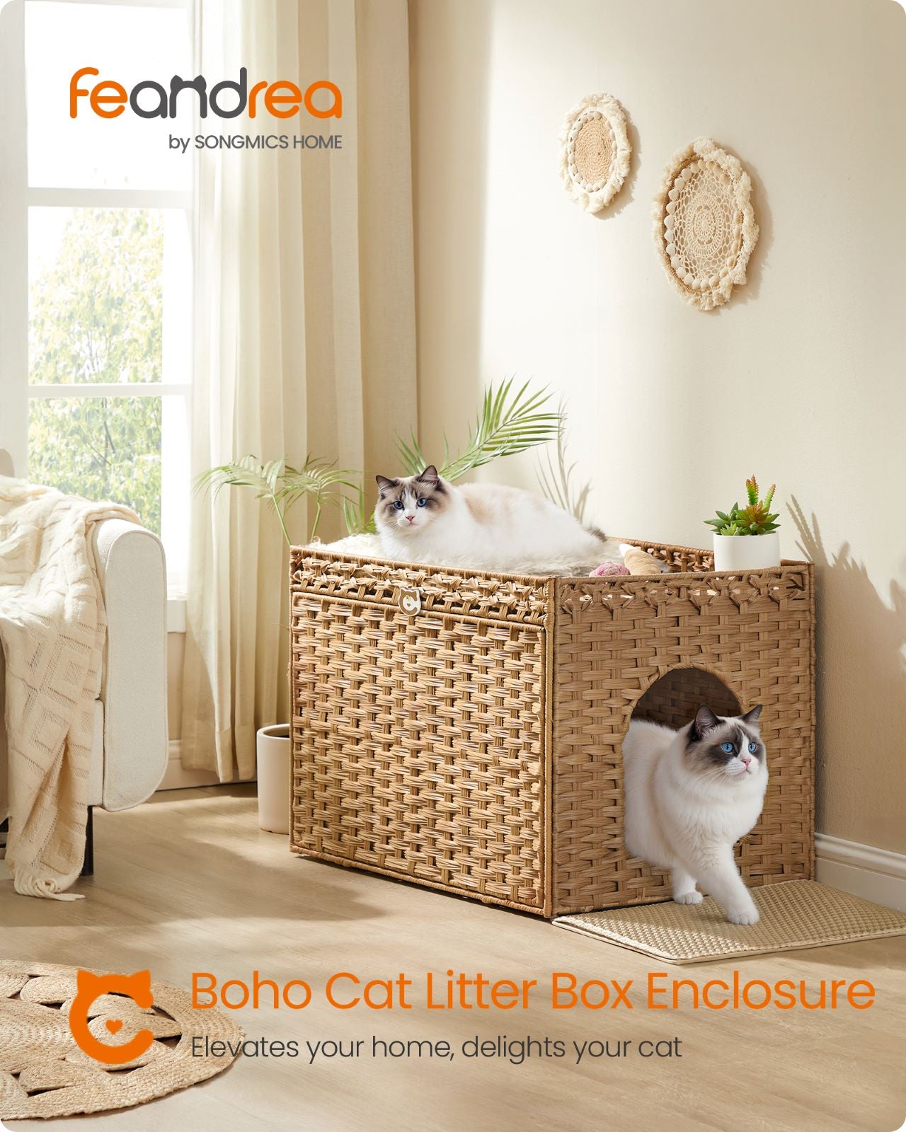 Cat Litter Box Enclosure, Handwoven Rattan Hidden Litter Box Furniture, Goose Yellow