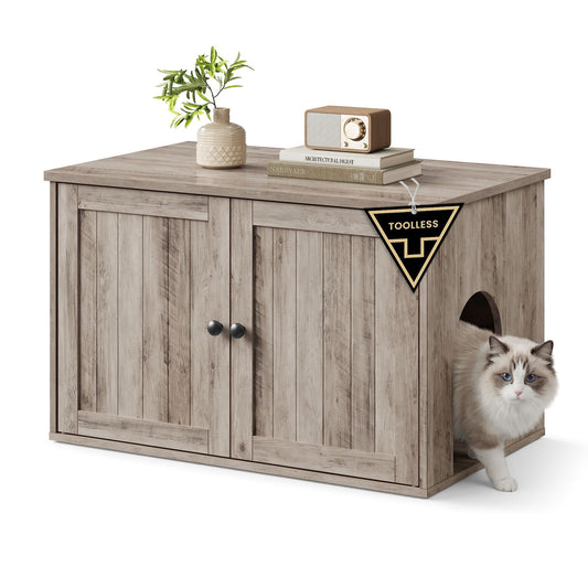 Litter Box Enclosure, Superfast Toolless Assembly, Cat Litter Box Furniture, Push-to-Open Doors, Indoor Cat House, Greige