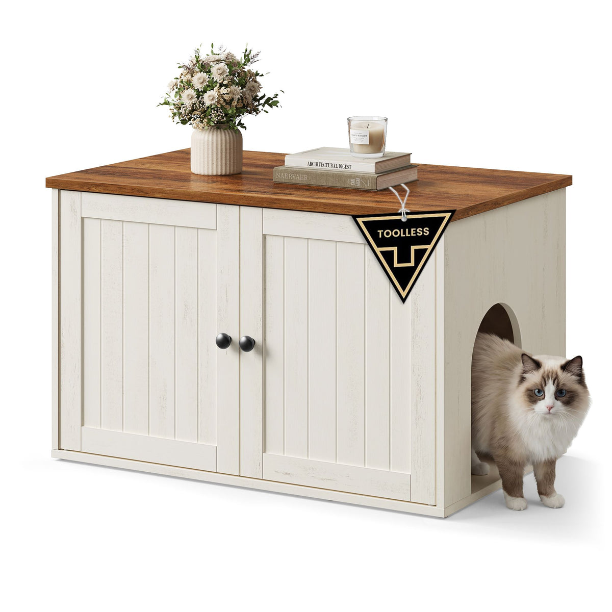 Litter Box Enclosure, Superfast Toolless Assembly, Cat Litter Box Furniture, Push-to-Open Doors, Indoor Cat House, Rustic White and Honey Brown