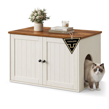 Litter Box Enclosure, Superfast Toolless Assembly, Cat Litter Box Furniture, Push-to-Open Doors, Indoor Cat House, Rustic White and Honey Brown