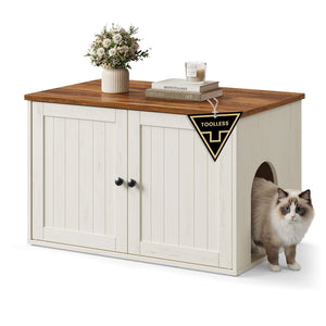 Litter Box Enclosure, Superfast Toolless Assembly, Cat Litter Box Furniture, Push-to-Open Doors, Indoor Cat House, Rustic White and Honey Brown