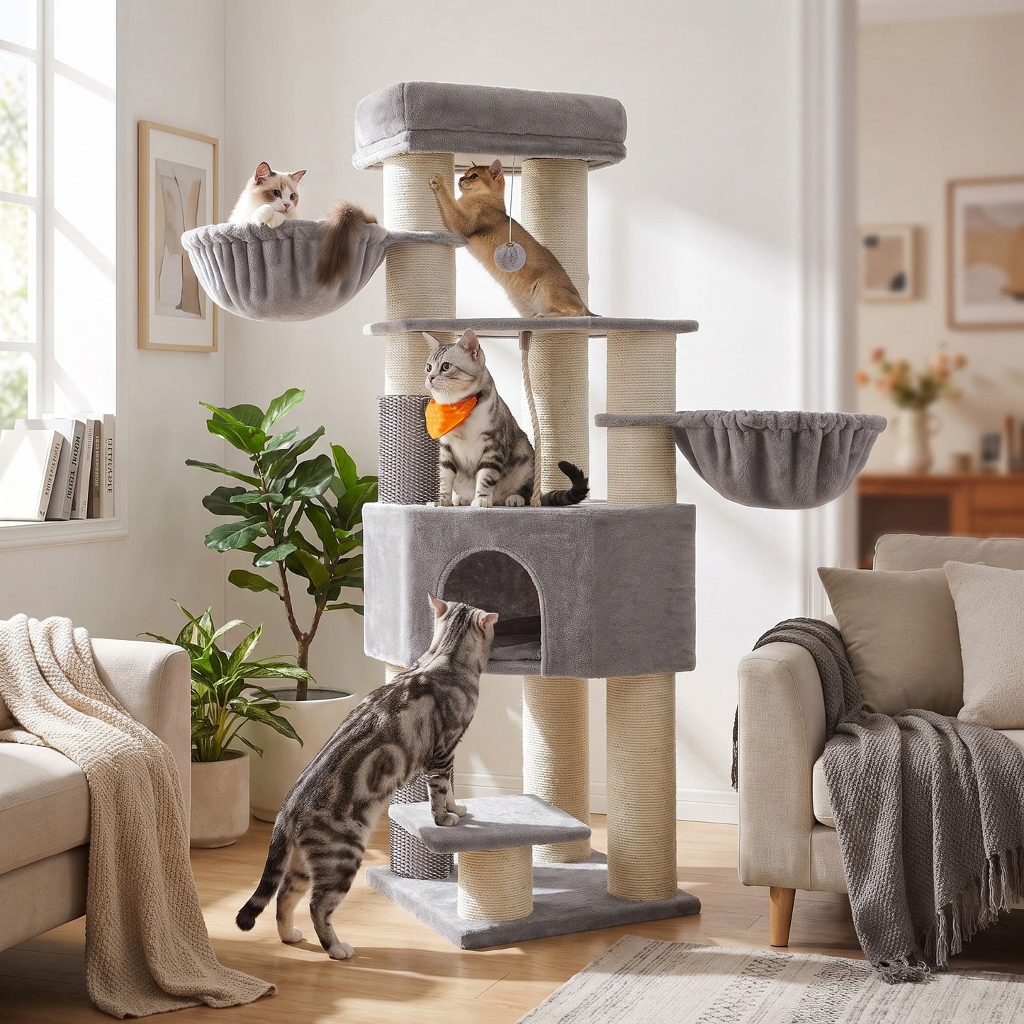 Large Heavy Duty Cat Condo with Sisal Posts, Grey and White - image 4