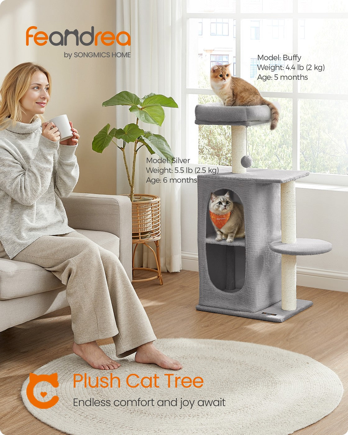 Small Cat Tree Tower with 2 Caves, Light Gray - image 2