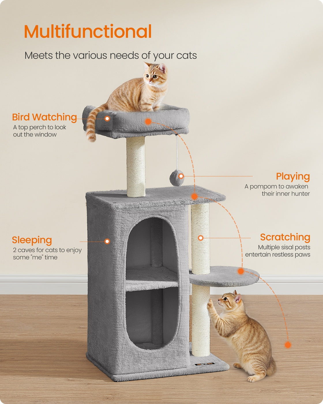 Small Cat Tree Tower with 2 Caves, Light Gray - image 4