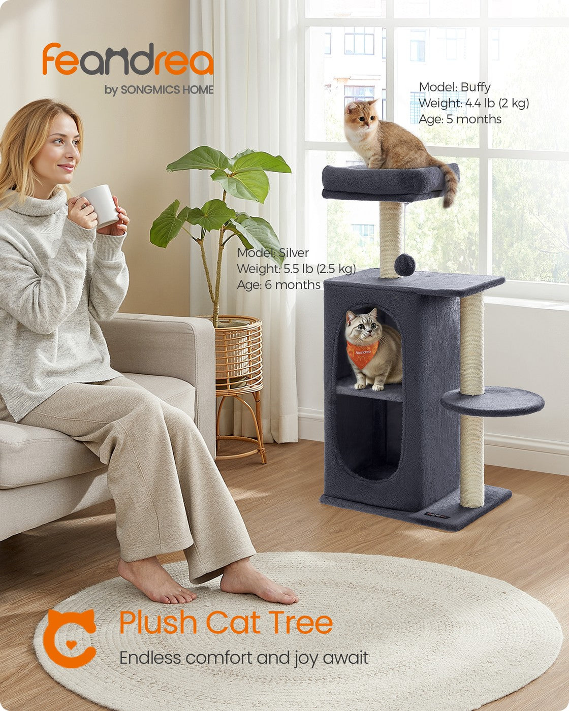 Small Cat Tree Tower with 2 Caves, Light Gray - image 7