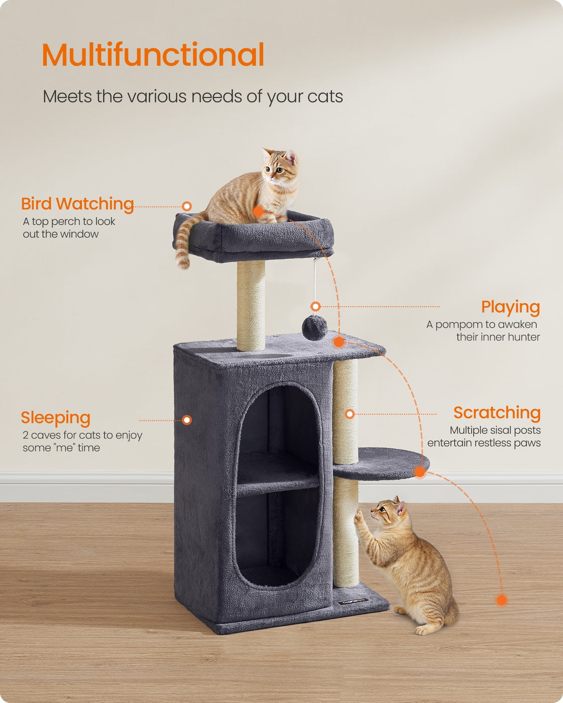 Small Cat Tree Tower with 2 Caves, Light Gray - image 9