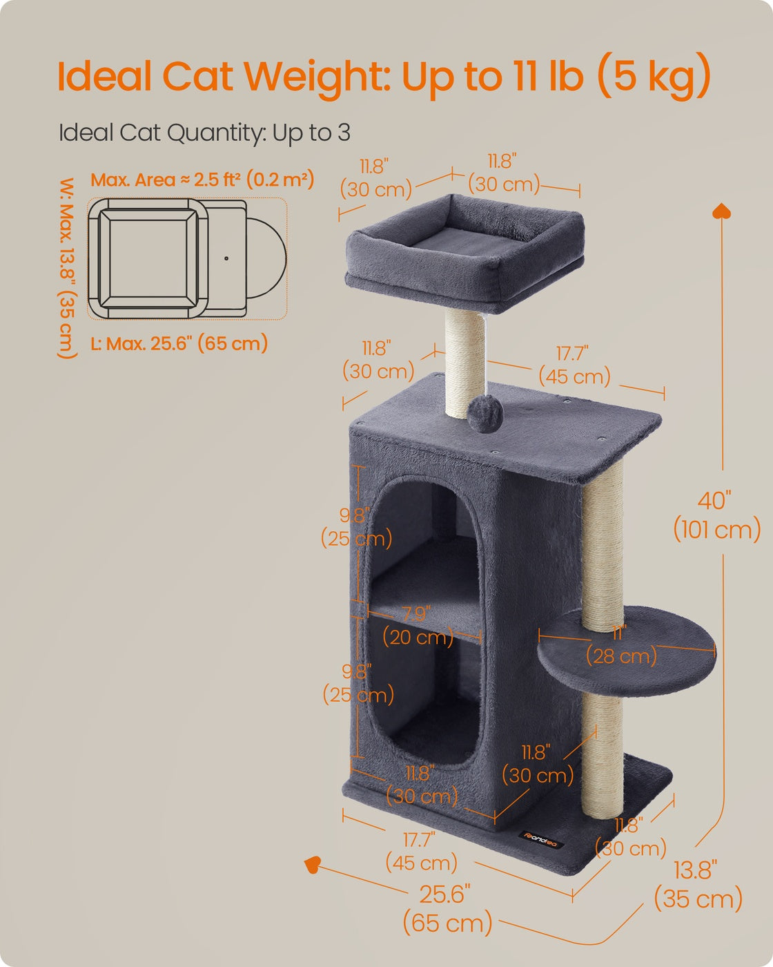 Small Cat Tree Tower with 2 Caves, Light Gray - image 11